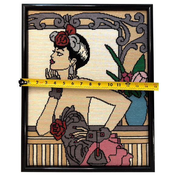 Framed Needlepoint Vintage Embroidery Art Deco Nouveau Flapper Woman Floral Glam - Picture 14 of 16